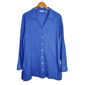 Soft Surroundings Gauze Cotton Tunic Top Size Medium Button Up Periwinkle Blue